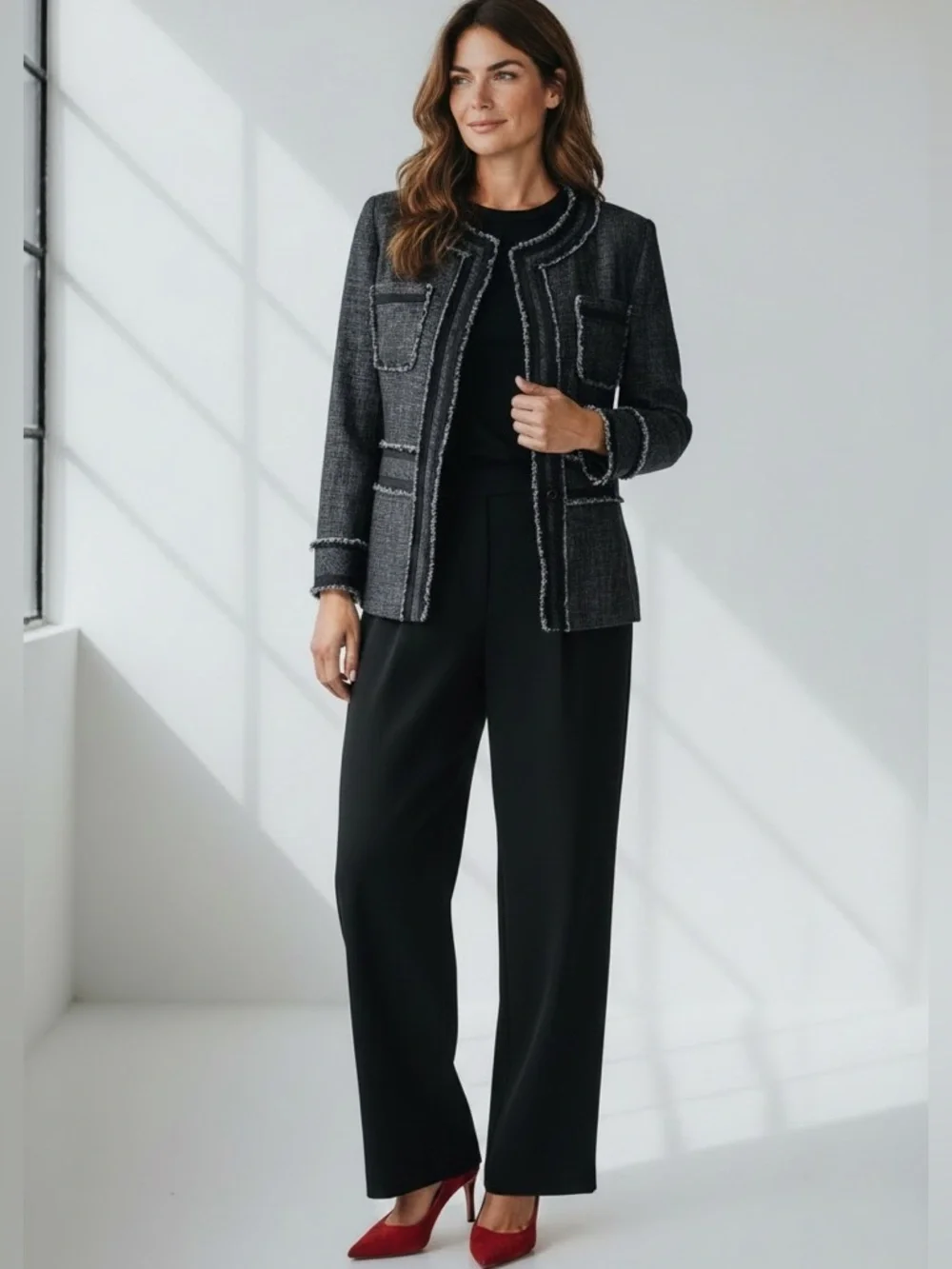 Lafayette 148 Jacket Black Collarless Fringe Linen 14 - Picture 3 of 10